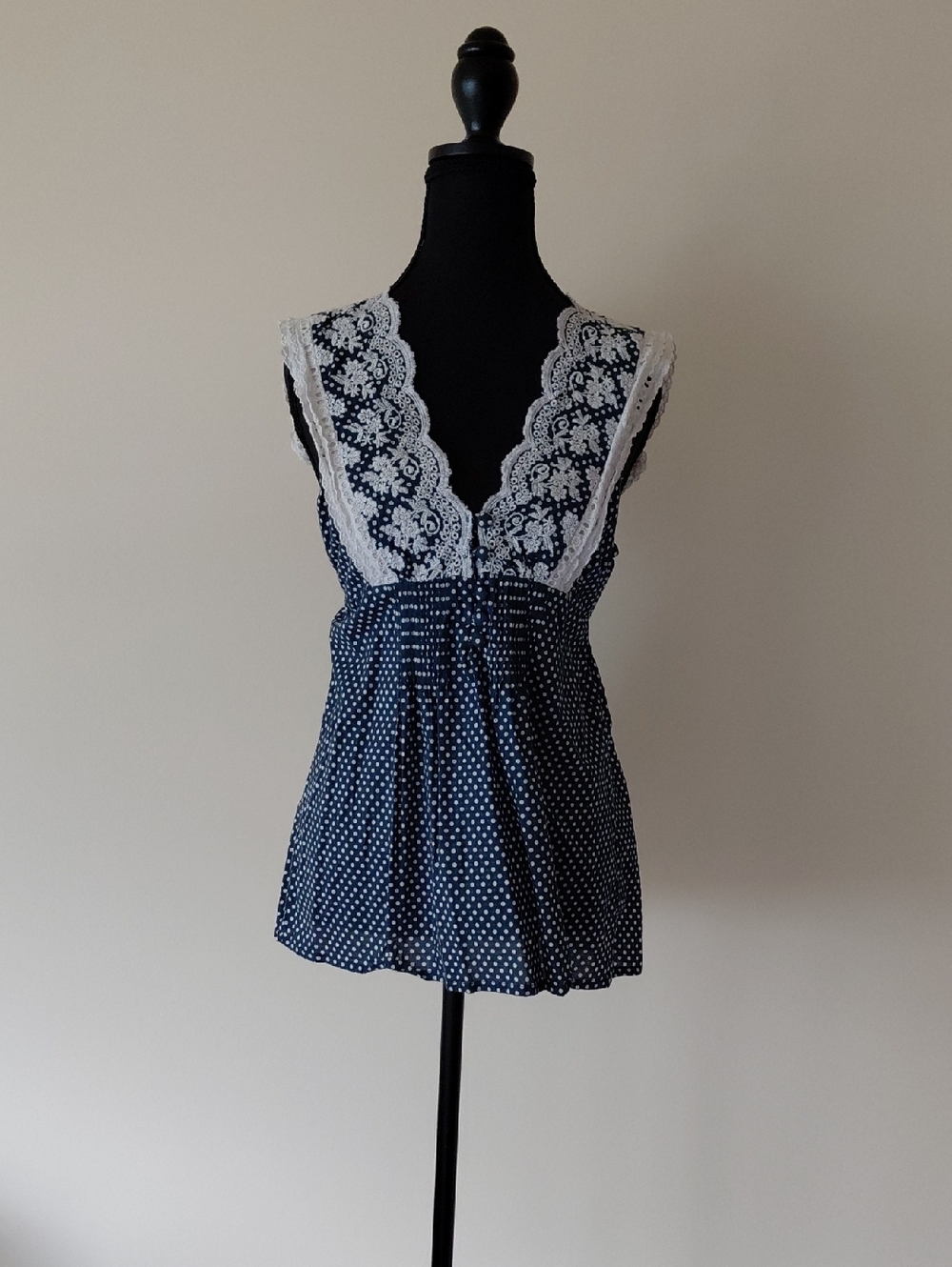 Navy Polka Dot Lace-Trim Top